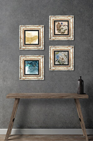 Soyut Sanat, Kelebekli Çiçek Taş Duvar Tablosu Çerçeveli Duvar Dekoru 4 Parça Tablo Seti Wall Art