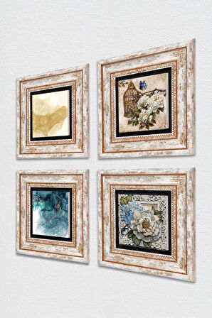 Soyut Sanat, Kelebekli Çiçek Taş Duvar Tablosu Çerçeveli Duvar Dekoru 4 Parça Tablo Seti Wall Art
