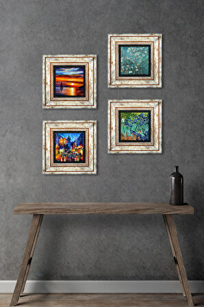 Deniz Manzarası, Sokak Manzarası, Van Gogh İrisler, Badem Ağacı Taş Duvar Tablosu Çerçeveli Duvar Dekoru 4 Parça Tablo Seti Wall Art