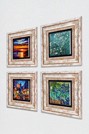 Deniz Manzarası, Sokak Manzarası, Van Gogh İrisler, Badem Ağacı Taş Duvar Tablosu Çerçeveli Duvar Dekoru 4 Parça Tablo Seti Wall Art