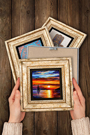 Deniz Manzarası, Sokak Manzarası, Van Gogh İrisler, Badem Ağacı Taş Duvar Tablosu Çerçeveli Duvar Dekoru 4 Parça Tablo Seti Wall Art