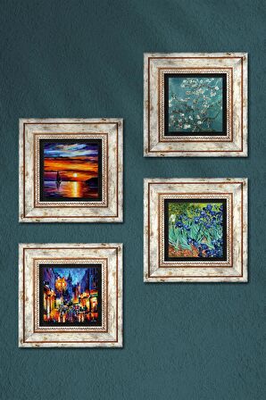 Deniz Manzarası, Sokak Manzarası, Van Gogh İrisler, Badem Ağacı Taş Duvar Tablosu Çerçeveli Duvar Dekoru 4 Parça Tablo Seti Wall Art