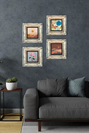 Bohem, Kelebek, Pembe Ortanca Çiçeği Taş Duvar Tablosu Çerçeveli Duvar Dekoru 4 Parça Tablo Seti Wall Art