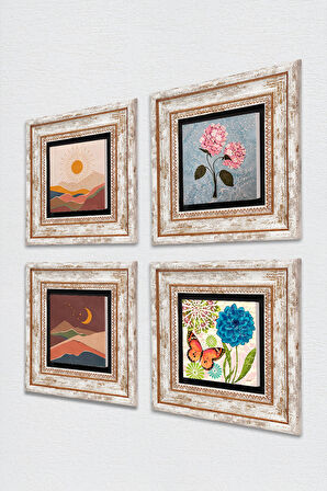 Bohem, Kelebek, Pembe Ortanca Çiçeği Taş Duvar Tablosu Çerçeveli Duvar Dekoru 4 Parça Tablo Seti Wall Art