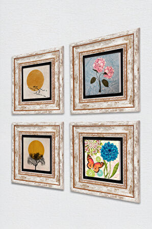 Minimalist, Kelebek, Pembe Ortanca Çiçeği Taş Duvar Tablosu Çerçeveli Duvar Dekoru 4 Parça Tablo Seti Wall Art