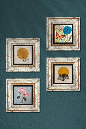 Minimalist, Kelebek, Pembe Ortanca Çiçeği Taş Duvar Tablosu Çerçeveli Duvar Dekoru 4 Parça Tablo Seti Wall Art