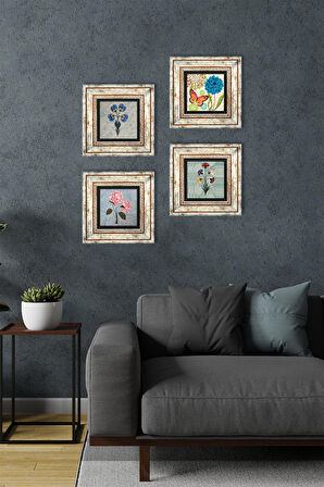 Kelebek, Ebru Sanatı, Pembe Ortanca Çiçeği Taş Duvar Tablosu Çerçeveli Duvar Dekoru 4 Parça Tablo Seti Wall Art