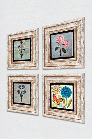 Kelebek, Ebru Sanatı, Pembe Ortanca Çiçeği Taş Duvar Tablosu Çerçeveli Duvar Dekoru 4 Parça Tablo Seti Wall Art