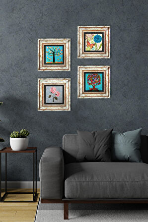 Kelebek, Pembe Ortanca Çiçeği, Hayat Ağacı Taş Duvar Tablosu Çerçeveli Duvar Dekoru 4 Parça Tablo Seti Wall Art