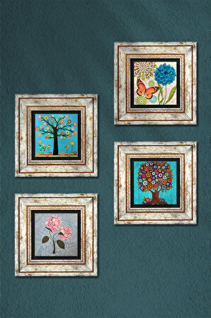 Kelebek, Pembe Ortanca Çiçeği, Hayat Ağacı Taş Duvar Tablosu Çerçeveli Duvar Dekoru 4 Parça Tablo Seti Wall Art