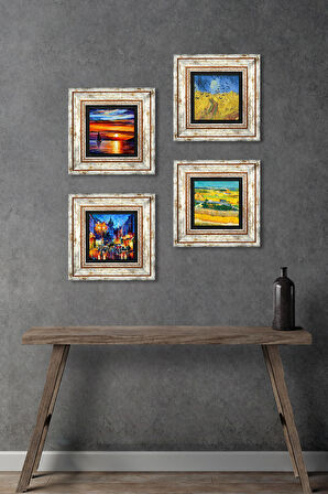 Van Gogh, Deniz Manzarası, Sokak Manzarası Taş Duvar Tablosu Çerçeveli Duvar Dekoru 4 Parça Tablo Seti Wall Art