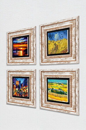 Van Gogh, Deniz Manzarası, Sokak Manzarası Taş Duvar Tablosu Çerçeveli Duvar Dekoru 4 Parça Tablo Seti Wall Art