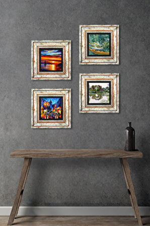 Van Gogh, Claude Monet, Deniz Manzarası, Sokak Manzarası Taş Duvar Tablosu Çerçeveli Duvar Dekoru 4 Parça Tablo Seti Wall Art