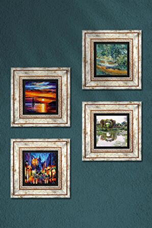 Van Gogh, Claude Monet, Deniz Manzarası, Sokak Manzarası Taş Duvar Tablosu Çerçeveli Duvar Dekoru 4 Parça Tablo Seti Wall Art