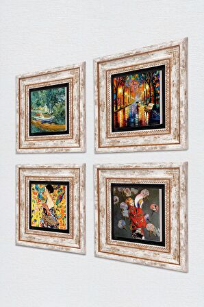 Van Gogh, Gustav Klimt, Claude Monet, Fenerler Tablosu Taş Duvar Tablosu Çerçeveli Duvar Dekoru 4 Parça Tablo Seti Wall Art