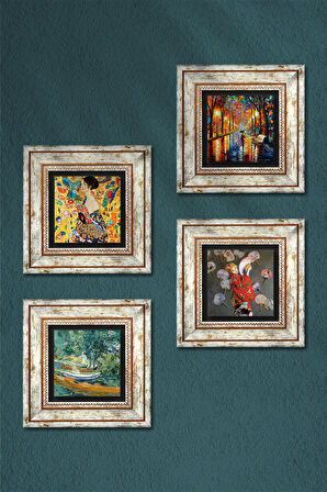 Van Gogh, Gustav Klimt, Claude Monet, Fenerler Tablosu Taş Duvar Tablosu Çerçeveli Duvar Dekoru 4 Parça Tablo Seti Wall Art