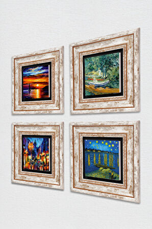 Van Gogh, Deniz Manzarası, Sokak Manzarası Taş Duvar Tablosu Çerçeveli Duvar Dekoru 4 Parça Tablo Seti Wall Art