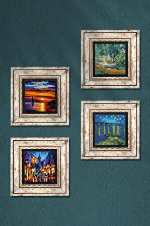 Van Gogh, Deniz Manzarası, Sokak Manzarası Taş Duvar Tablosu Çerçeveli Duvar Dekoru 4 Parça Tablo Seti Wall Art