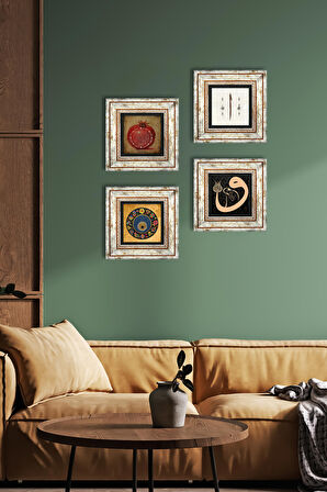 Vav, Elif, Nazar, Bereket Duası Taş Duvar Tablosu Çerçeveli Duvar Dekoru 4 Parça Tablo Seti Wall Art