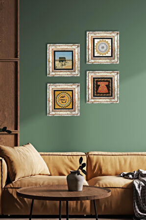 Hırka-i Şerif, Şems Suresi, Kabe-i Muazzama, Mührü Şerif Taş Duvar Tablosu Çerçeveli Duvar Dekoru 4 Parça Tablo Seti Wall Art