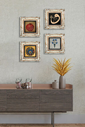 Ebru Sanatı, Vav, Nazar, Bereket Duası Taş Duvar Tablosu Çerçeveli Duvar Dekoru 4 Parça Tablo Seti Wall Art