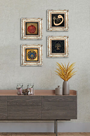 Hayat Ağacı, Vav, Nazar, Bereket Duası Taş Duvar Tablosu Çerçeveli Duvar Dekoru 4 Parça Tablo Seti Wall Art