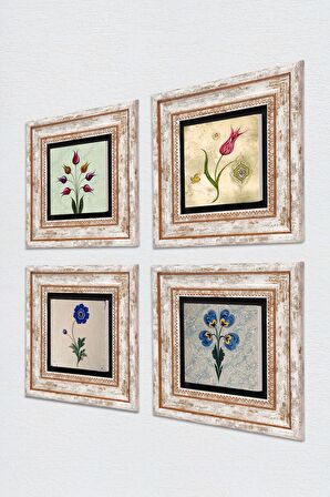 Ebru Sanatı, Lale Taş Duvar Tablosu Çerçeveli Duvar Dekoru 4 Parça Tablo Seti Wall Art