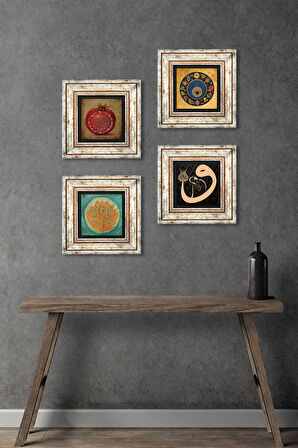 Lotus Çiçeği, Vav, Nazar, Bereket Duası Taş Duvar Tablosu Çerçeveli Duvar Dekoru 4 Parça Tablo Seti Wall Art