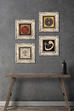 Vav, Nazar, Bereket Duası, Hayat Ağacı Taş Duvar Tablosu Çerçeveli Duvar Dekoru 4 Parça Tablo Seti Wall Art
