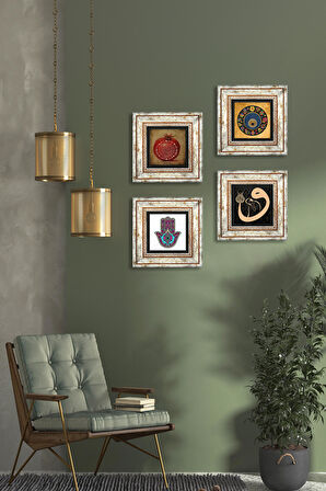 Fatma Ana Eli (Hamsa), Vav, Nazar, Bereket Duası Taş Duvar Tablosu Çerçeveli Duvar Dekoru 4 Parça Tablo Seti Wall Art