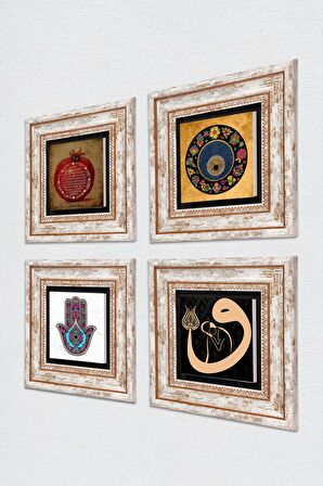 Fatma Ana Eli (Hamsa), Vav, Nazar, Bereket Duası Taş Duvar Tablosu Çerçeveli Duvar Dekoru 4 Parça Tablo Seti Wall Art