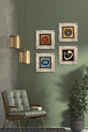 Vav, Nazar, Bereket Duası Taş Duvar Tablosu Çerçeveli Duvar Dekoru 4 Parça Tablo Seti Wall Art