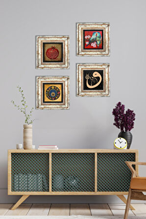 Kuş, Vav, Nazar, Bereket Duası Taş Duvar Tablosu Çerçeveli Duvar Dekoru 4 Parça Tablo Seti Wall Art