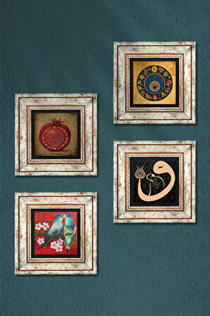 Kuş, Vav, Nazar, Bereket Duası Taş Duvar Tablosu Çerçeveli Duvar Dekoru 4 Parça Tablo Seti Wall Art