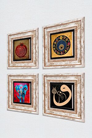 Fil, Vav, Nazar, Bereket Duası Taş Duvar Tablosu Çerçeveli Duvar Dekoru 4 Parça Tablo Seti Wall Art