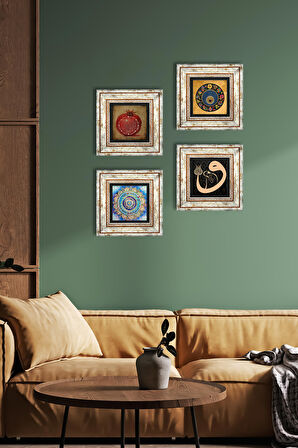 Mandala, Vav, Nazar, Bereket Duası Taş Duvar Tablosu Çerçeveli Duvar Dekoru 4 Parça Tablo Seti Wall Art