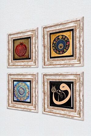 Mandala, Vav, Nazar, Bereket Duası Taş Duvar Tablosu Çerçeveli Duvar Dekoru 4 Parça Tablo Seti Wall Art