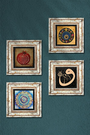 Mandala, Vav, Nazar, Bereket Duası Taş Duvar Tablosu Çerçeveli Duvar Dekoru 4 Parça Tablo Seti Wall Art