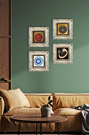 Vav, Nazar, Bereket Duası Taş Duvar Tablosu Çerçeveli Duvar Dekoru 4 Parça Tablo Seti Wall Art