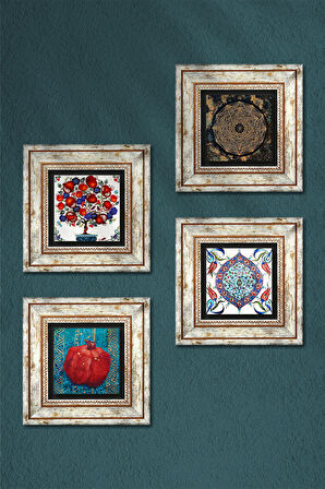 Sri Yantra, Çini Sanatı, Nar Ağacı, Nar Taş Duvar Tablosu Çerçeveli Duvar Dekoru 4 Parça Tablo Seti Wall Art