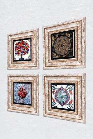 Sri Yantra, Çini Sanatı, Nar, Nar Ağacı Taş Duvar Tablosu Çerçeveli Duvar Dekoru 4 Parça Tablo Seti Wall Art