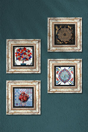 Sri Yantra, Çini Sanatı, Nar, Nar Ağacı Taş Duvar Tablosu Çerçeveli Duvar Dekoru 4 Parça Tablo Seti Wall Art