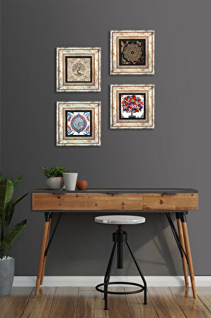 Sri Yantra, Çini Sanatı, Hayat Ağacı, Nar Ağacı Taş Duvar Tablosu Çerçeveli Duvar Dekoru 4 Parça Tablo Seti Wall Art