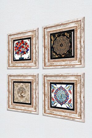 Sri Yantra, Çini Sanatı, Hayat Ağacı, Nar Ağacı Taş Duvar Tablosu Çerçeveli Duvar Dekoru 4 Parça Tablo Seti Wall Art