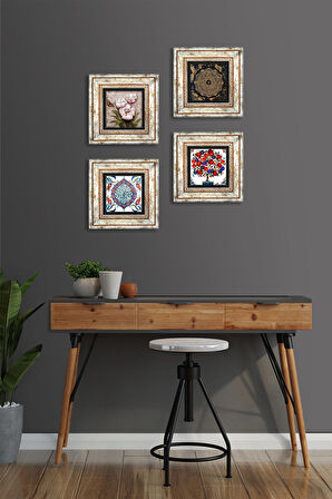 Sri Yantra, Çini Sanatı, Kelebekli Çiçek, Nar Ağacı Taş Duvar Tablosu Çerçeveli Duvar Dekoru 4 Parça Tablo Seti Wall Art