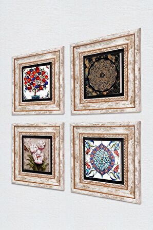 Sri Yantra, Çini Sanatı, Kelebekli Çiçek, Nar Ağacı Taş Duvar Tablosu Çerçeveli Duvar Dekoru 4 Parça Tablo Seti Wall Art