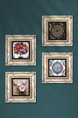 Sri Yantra, Çini Sanatı, Kelebekli Çiçek, Nar Ağacı Taş Duvar Tablosu Çerçeveli Duvar Dekoru 4 Parça Tablo Seti Wall Art