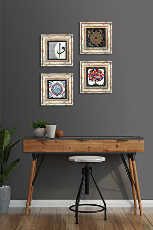 Sri Yantra, Çini Sanatı, Elif-Vav, Nar Ağacı Taş Duvar Tablosu Çerçeveli Duvar Dekoru 4 Parça Tablo Seti Wall Art