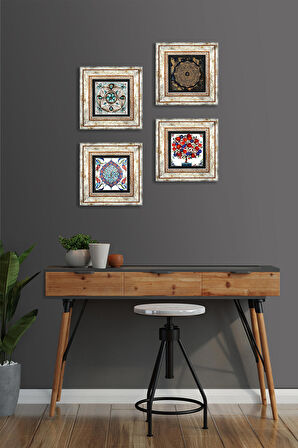 Sri Yantra, Çini Sanatı, Nar Ağacı Taş Duvar Tablosu Çerçeveli Duvar Dekoru 4 Parça Tablo Seti Wall Art