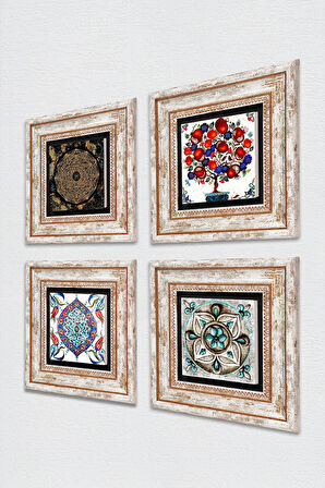 Sri Yantra, Çini Sanatı, Nar Ağacı Taş Duvar Tablosu Çerçeveli Duvar Dekoru 4 Parça Tablo Seti Wall Art